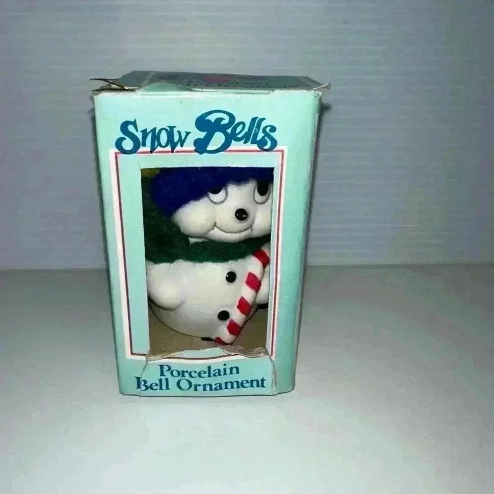 Giftco Snow Bells Snowman Ornament Porcelain Bell White Blue Vintage 3.5”